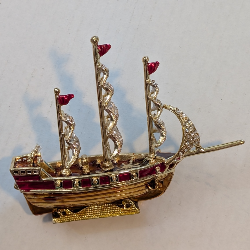 Bejeweled Gold And Red Ship - Trinket Or Jewelery Box